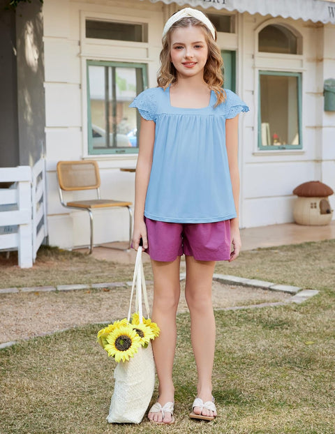 Arshiner Girls Shirts Short Sleeve Square Neck Lace Pleated Tops Blouse Tunic