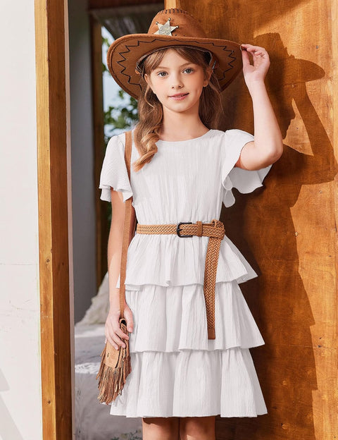 Arshiner Girls Dresses Elegant Ruffle Short Sleeve Back Tie Tiered Dresses