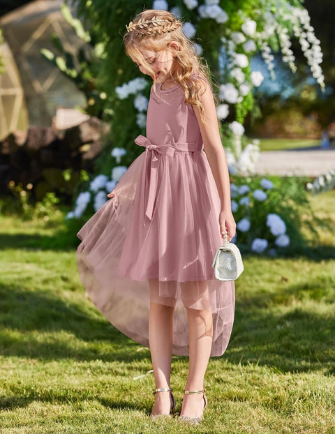 Arshiner Girls Dresses Formal Party Tulle Contrast Mesh Dress with Belt