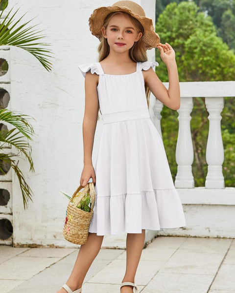 Arshiner Girls Dress Casual Flutter Sleeve Tiered Midi Sundress