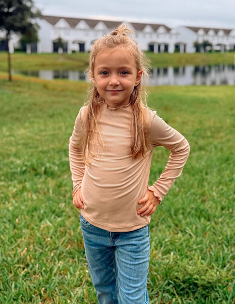 Arshiner Girls Lettuce Trim Mock Neck Ribbed Knit Tops