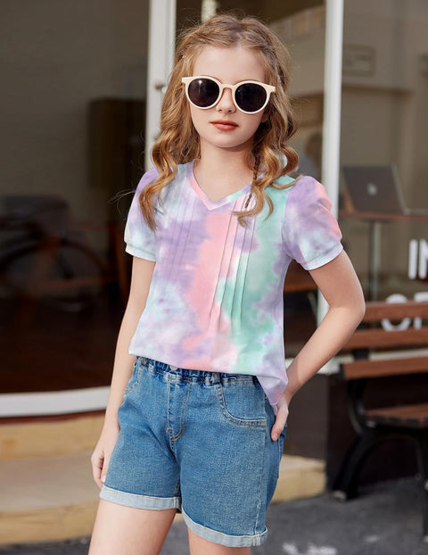 Arshiner Girls Puff Short Sleeve Shirts Pleated Tunic Top