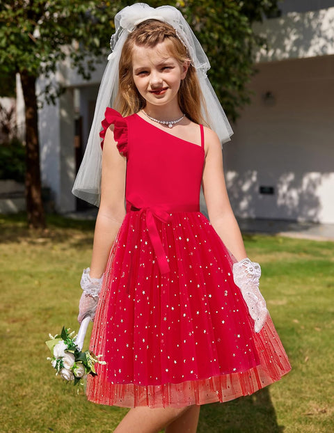 Arshiner Girls Dresses One Shoulder Ruffle Formal Tulle Dress