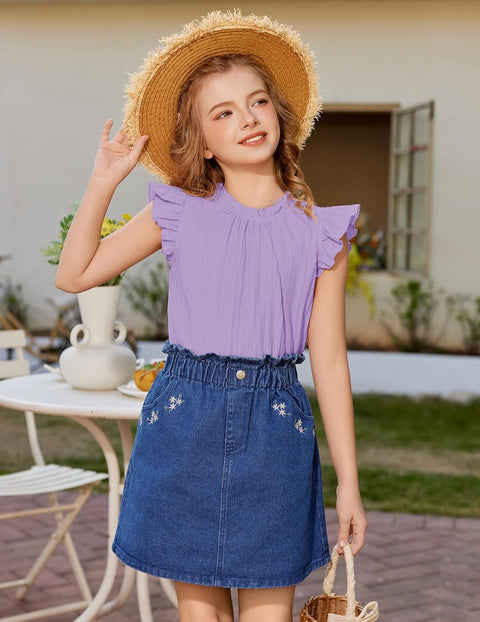 Arshiner Girls Ruffle Short Sleeve Shirts Frill Neck Pleated Blouse Tops