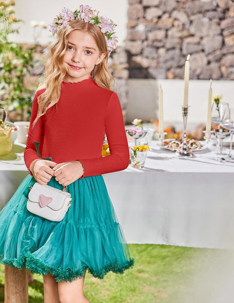 Arshiner Girls Lettuce Trim Mock Neck Ribbed Knit Tops