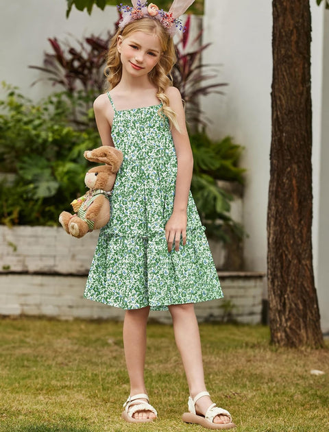 Arshiner Girls Tie Back Dress Spaghetti Strap Ruffle Hem Sundress with Pockets