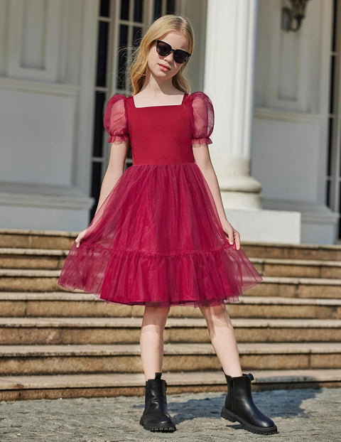 【6-16Y】Arshiner Girls Dresses Tulle Bow Tie Back Puff Sleeve Dress