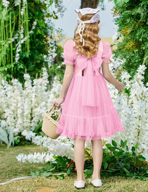 【6-16Y】Arshiner Girls Dresses Tulle Bow Tie Back Puff Sleeve Dress