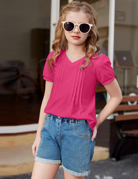 Arshiner Girls Puff Short Sleeve Shirts Pleated Tunic Top