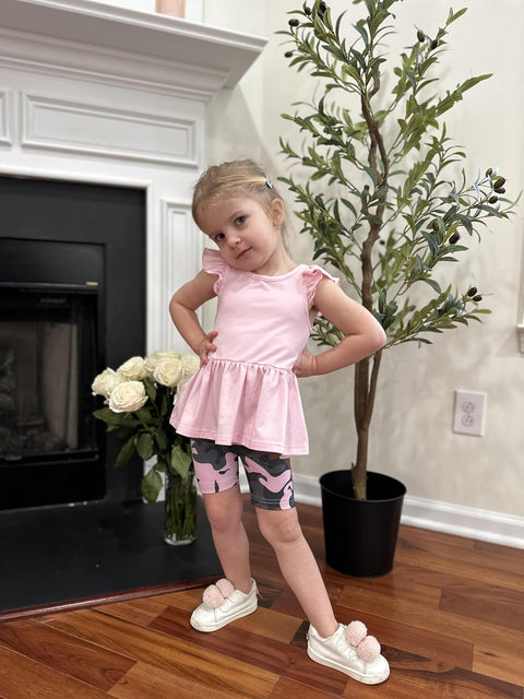 Arshiner Girls 2 Piece Outfit Ruffle Sleeve Peplum Top And Biker Shorts Set