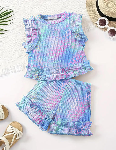 Arshiner Toddler Girls Clothes Ribbed Knit Ruffle Sleeveless Tops and Shorts with Pockets Cute Summer 2 Pieces Short Sets