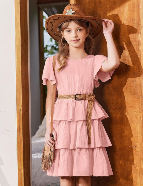 Arshiner Girls Dresses Elegant Ruffle Short Sleeve Back Tie Tiered Dresses