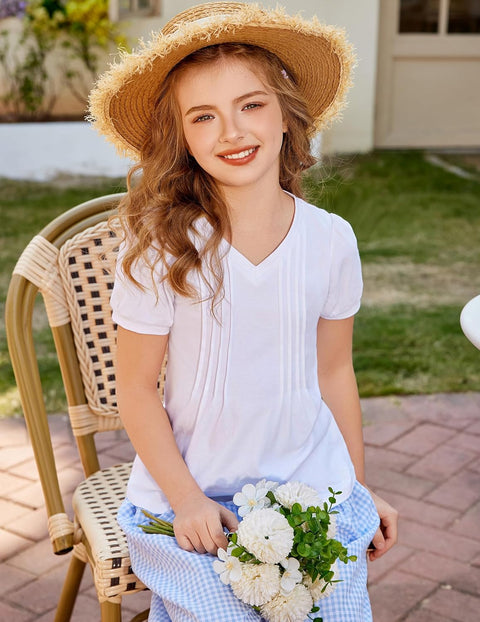 Arshiner Girls Puff Short Sleeve Shirts Pleated Tunic Top