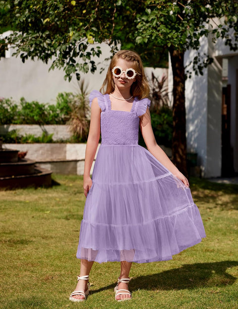 Arshiner Tween Girls Dress Ruffle Sleeve Elastic Straps Smocked Tulle Sundress