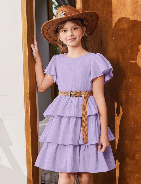 Arshiner Girls Dresses Elegant Ruffle Short Sleeve Back Tie Tiered Dresses