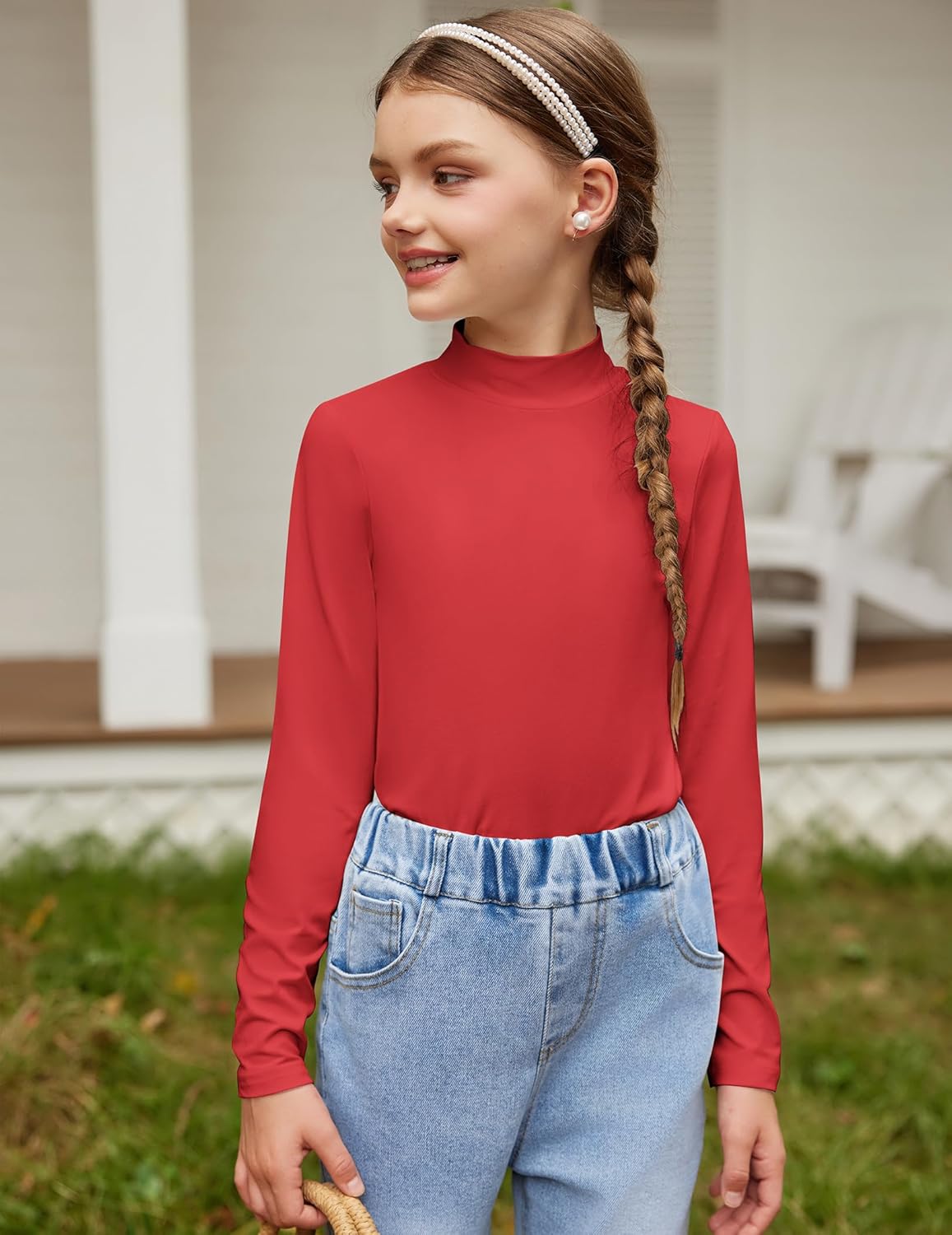 Girls Mock Turtleneck Long Sleeve Shirts - Slim Fit Basic Tops For School & Casual Wear