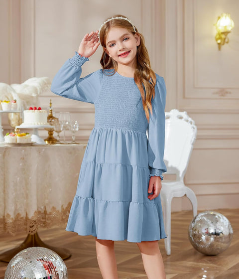 Arshiner Girls Dress Fall Boho Long Sleeve Shirred Smocked Tiered Party Dresses