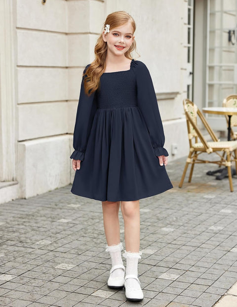 Arshiner Girls Long Sleeve Smocked Skater Elegant Dress with Pockets