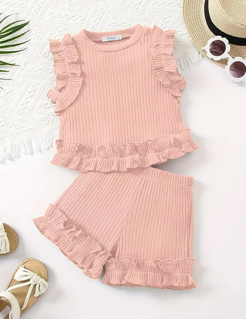 Arshiner Toddler Girls Clothes Ribbed Knit Ruffle Sleeveless Tops and Shorts with Pockets Cute Summer 2 Pieces Short Sets