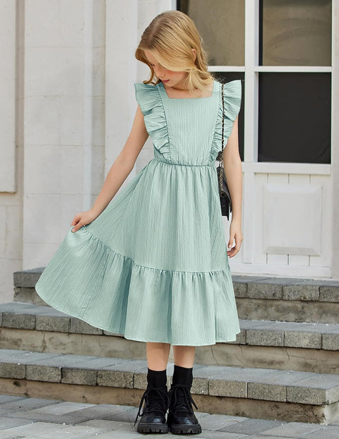 Arshiner Girls Tie Back Dress Tween Boho Flutter Sleeve Maxi Dresses