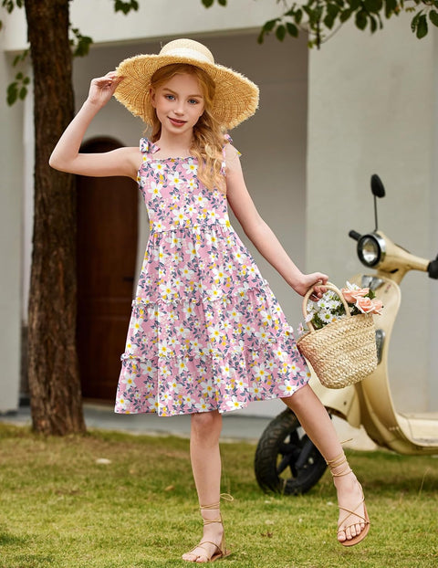 Arshiner Girls Dress Tween Boho Bowknot Strap Swing Flowy Dress