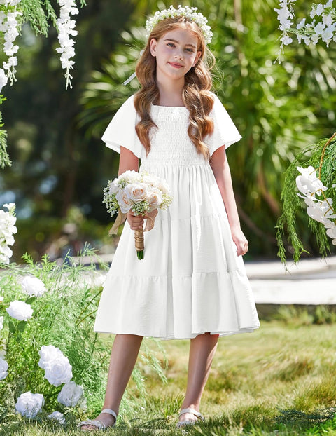 Arshiner Girls Dress Boho Smocked Swing Flowy Ruffle Midi Dresses
