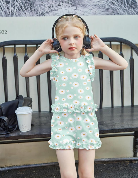 Arshiner Toddler Girls Clothes Ribbed Knit Ruffle Sleeveless Tops and Shorts with Pockets Cute Summer 2 Pieces Short Sets