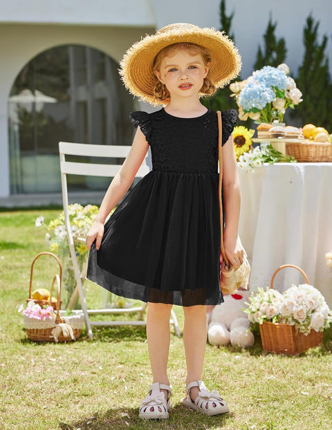 【2-8Y】Arshiner Toddler Lace Tutu Dresses Ruffle Sleeve 3 Layers Tulle Flower Dress
