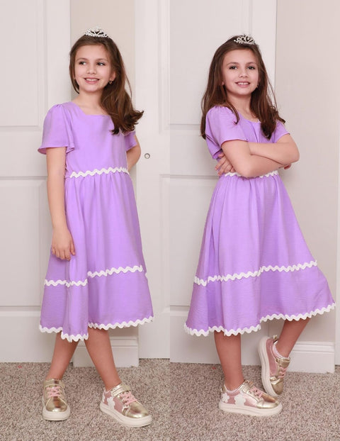 Arshiner Girls Dress Flutter RIC Rac Tiered Short Sleeve Dresses with Pockets
