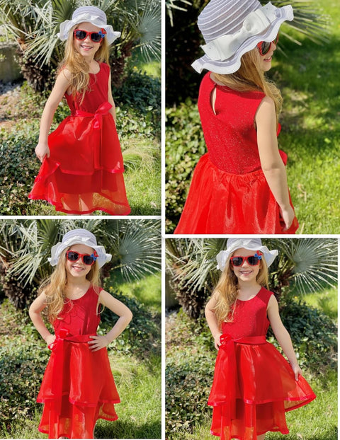 Arshiner Girls Dress Formal Party Fluffy Tulle Sleeveless Belted Dresses 3-11Y