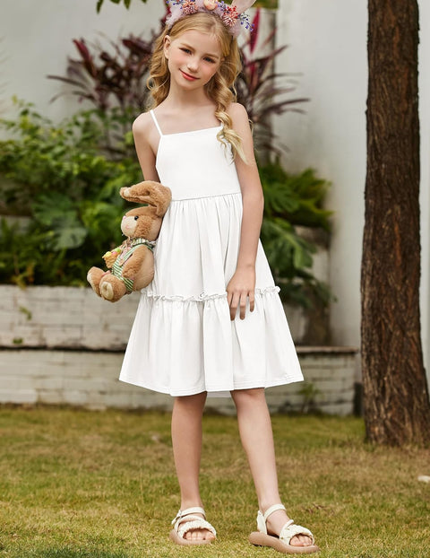Arshiner Girls Tie Back Dress Spaghetti Strap Ruffle Hem Sundress with Pockets