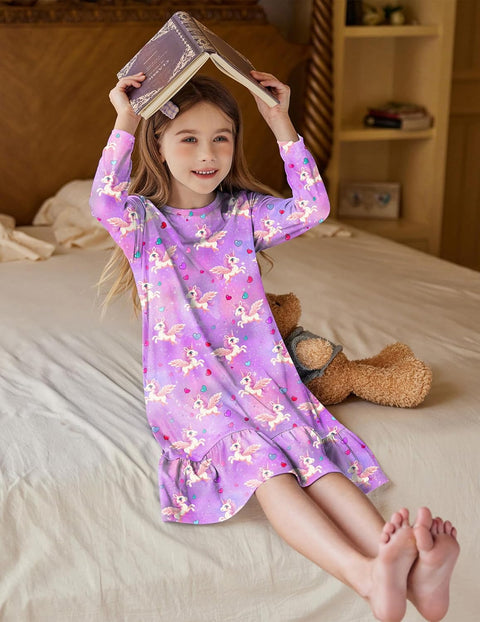 Arshiner Girls' Long Sleeve Cute Nightie Pajama Dress