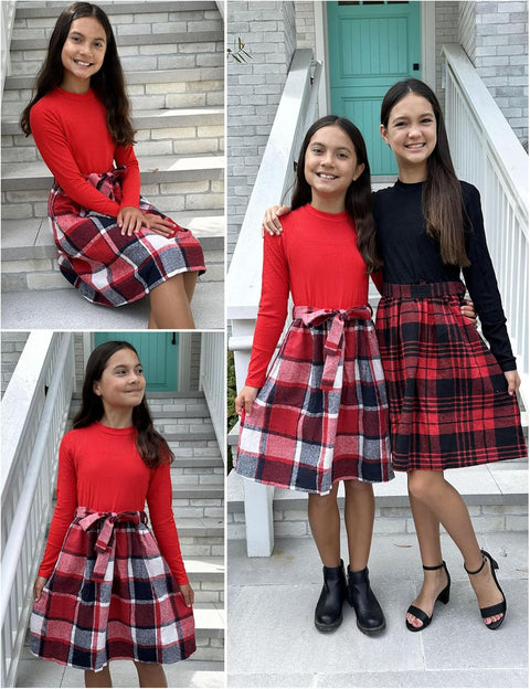 Arshiner Girls Dresses Long Sleeve Rib Knit Plaid Patchwork Belted Dress