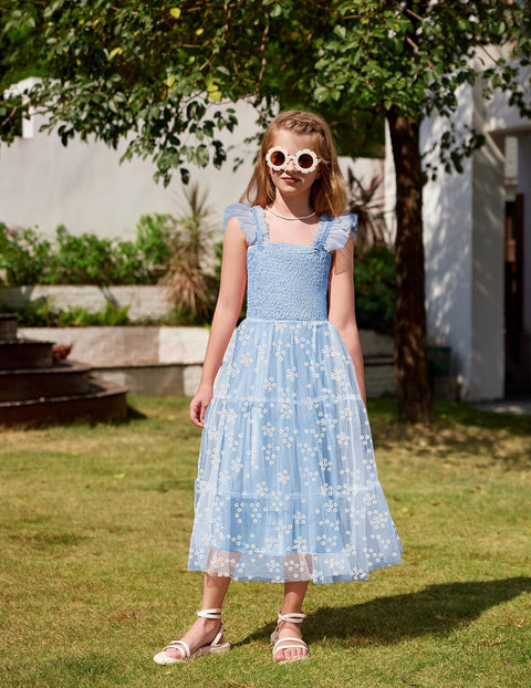 Arshiner Tween Girls Dress Ruffle Sleeve Elastic Straps Smocked Tulle Sundress