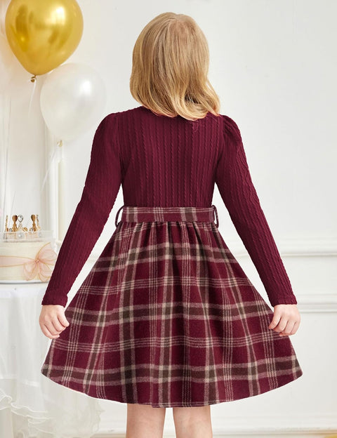 Arshiner Girls Dresses Puff Long Sleeve Rib Knit Plaid Belted Dress