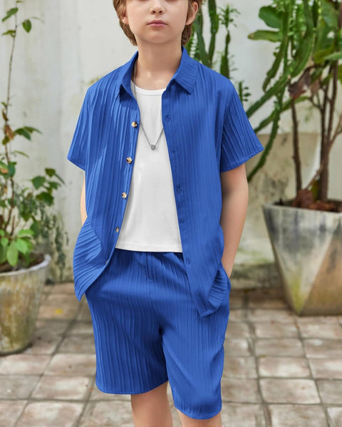 [5Y-12Y] Arshiner Boy's Textured Button Up Shirt and Shorts Set