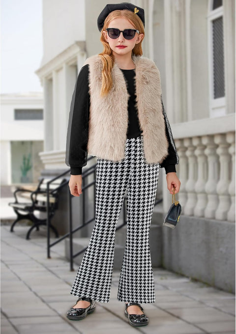 Arshiner Girls 2 Piece Outfits Knit Tulle Puff Top and Flare Pants Set