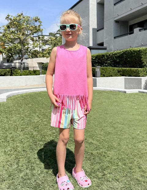 Arshiner Girls Summer Outfits Sleeveless Fringe Tank Top and Elastic Waist Pocketed Shorts Set Girl Clothes 6-14 Years