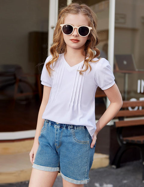 Arshiner Girls Puff Short Sleeve Shirts Pleated Tunic Top