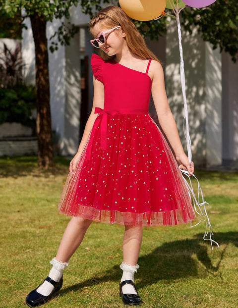 Arshiner Girls Dresses One Shoulder Ruffle Formal Tulle Dress