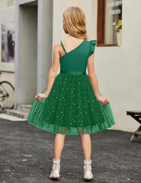 Arshiner Girls Dresses One Shoulder Ruffle Formal Tulle Dress