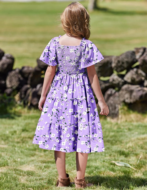 Arshiner Girls Dress Boho Smocked Swing Flowy Ruffle Midi Dresses