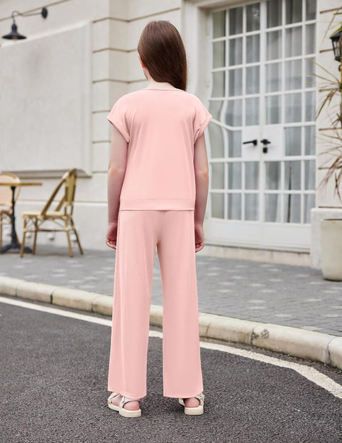 Arshiner Girls 2 Piece Outfits Twist-Front Top and Ribbed Wide Leg Pants Set