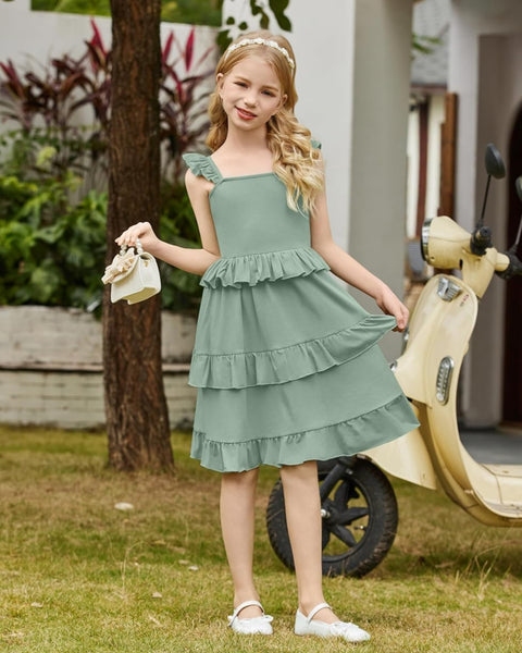 [5-13Y] Arshiner Girls Dresses Ruffle Sleeve Tiered Casual Flowy Swing Sundress