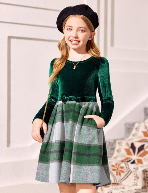 Arshiner Girls Dresses Velvet Plaid Patchwork Party Dress