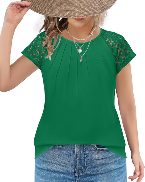 Arshiner Girls Shirts Short Sleeves Lace Pleated Kids Tops