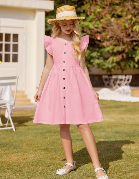 Arshiner Girls Dress Flutter Sleeve A-Line Button Down Sundress