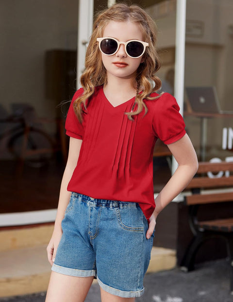 Arshiner Girls Puff Short Sleeve Shirts Pleated Tunic Top