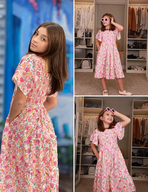 Arshiner Girls Dress Boho Smocked Swing Flowy Ruffle Midi Dresses