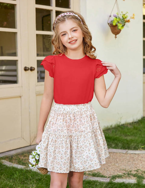 Arshiner Girls T Shirts Lace Petal Short Sleeves Kids Tops Tees